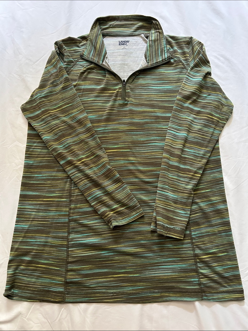 Lands' End Olive and Teal Striped Quarter-Zip Pullover